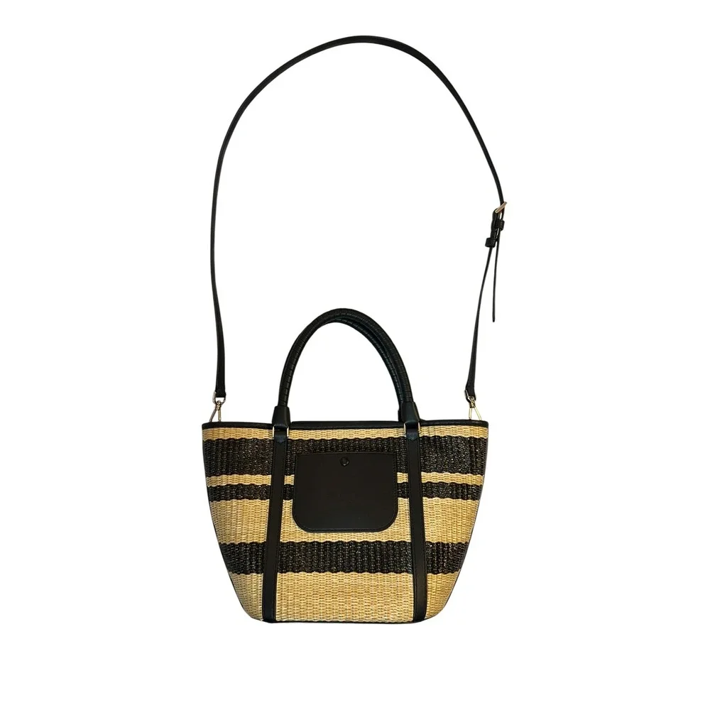 Kate Spade New York Striped Woven Straw Raffia Tote Shoulder Bag Black
